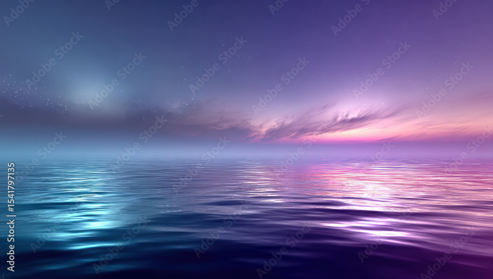 Obraz premium Serene ocean view at twilight, showcasing gradient of purple and blue hues reflecting on calm waters. tranquil atmosphere evokes sense of peace and wonder
