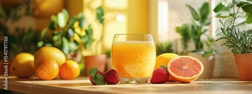 Fresh Orange Juice Citrus Fruits Healthy Breakfast Vitamins Kitchen Table