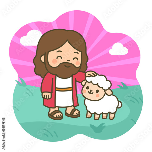 Cartoon Jesus and Sheep in Peaceful Meadow with Radiant Pink Skies