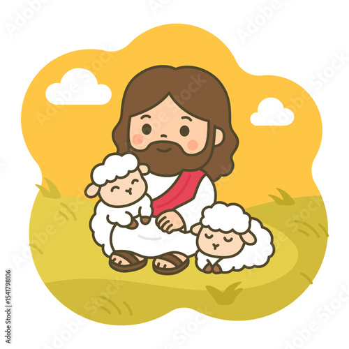 Cute Cartoon Jesus Sitting Peacefully with Lambs
