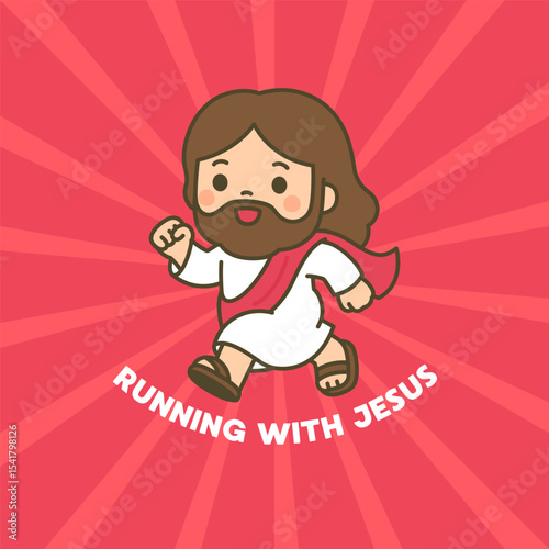 Happy Cartoon Jesus Running with Joyful Energy on Radiant Red Background