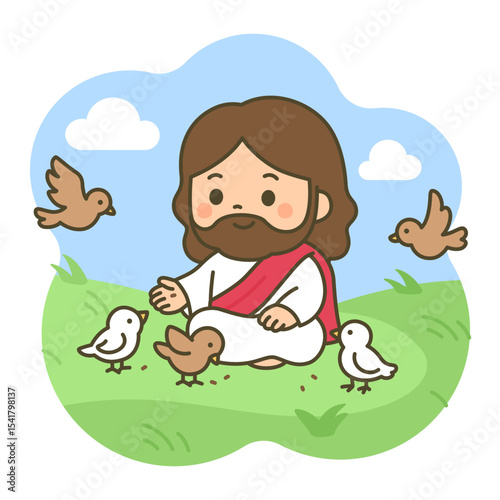 Gentle Cartoon Jesus Feeding Birds in a Peaceful Green Meadow