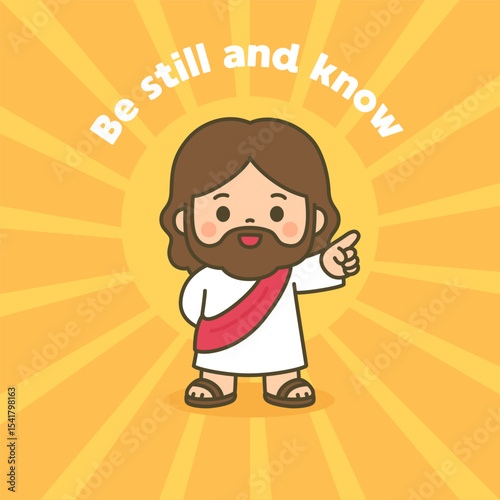 Peaceful Cartoon Jesus with Uplifted Hand Surrounded by Glowing Yellow Rays