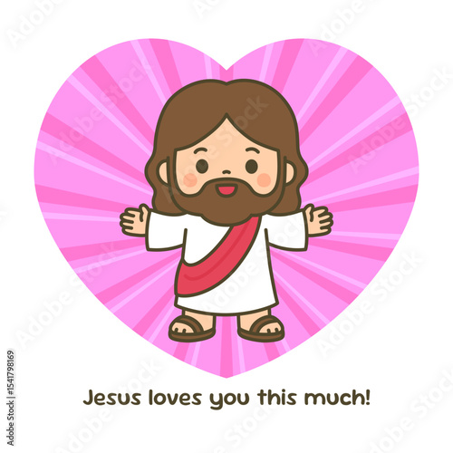 Loving Cartoon Jesus Spreading Arms in Front of Pink Heart Radiance