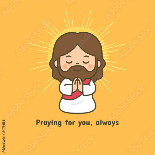 Prayerful Cartoon Jesus with Closed Eyes and Radiant Lines on Yellow Background