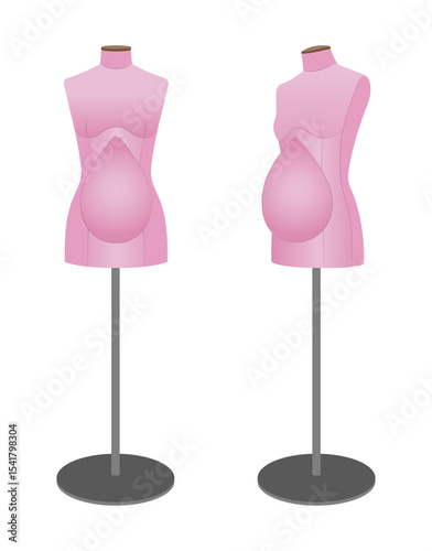 Realistic vector illustration of pregnant tailor mannequins for sewing maternity clothing. Female dress forms with baby bump for fashion design and garment fitting.