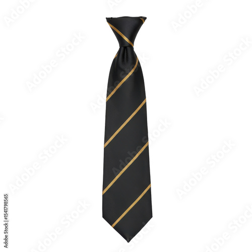 Elegant black tie with gold stripes, formal wear accessory.