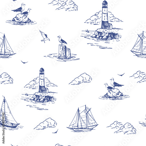 Nautical illustration seamless, pattern, sea, yachts, lighthouse, seagulls, realistic sketch, hand drawn vector