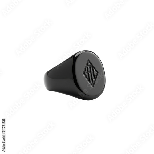 Sleek black signet ring with intricate diamond-shaped emblem detail