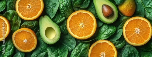 Healthy Food Background Oranges Avocados Spinach