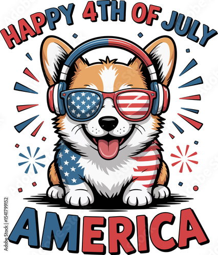 Patriotic corgi dog with American flag glasses and fireworks background celebrating 4th of July America  