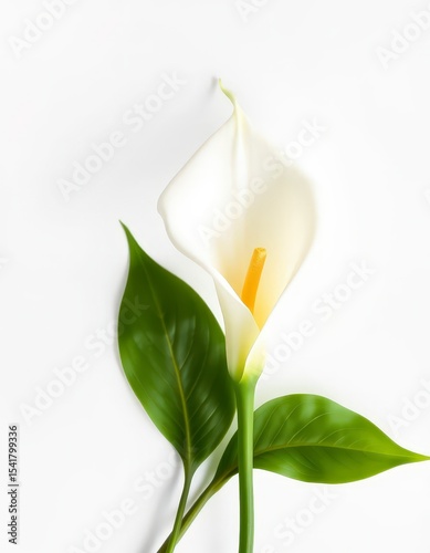 Calla lily bloom. White spathe and yellow spadix stand out alongside two glossy green leaves, against a white background