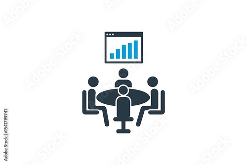 Four dark blue figures seated around a round table during a meeting a blue bar graph displayed on a screen above them symbolizing business growth and collaboration teamwork strategy planning