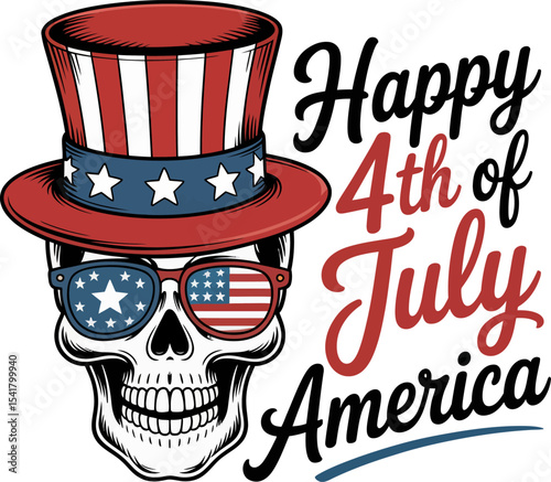Skeleton in patriotic hat and glasses with star eyes and classic happy 4th of July America title design  
