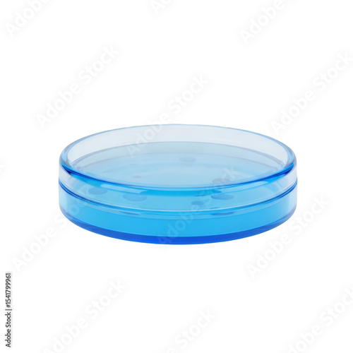 Close-up of a blue petri dish filled with liquid against a transparent background, suitable for scientific research and medical laboratory use.