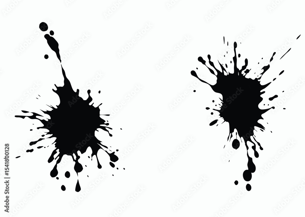 Fototapeta premium Two black paint splatters are isolated on a stark white plain background