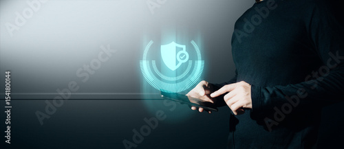 hand of businessman interactive touching a holographic of transaction financial network data system, concept of technology artificial intelligence with human user application