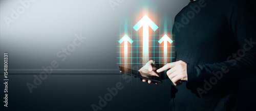 hand of businessman interactive touching a holographic of transaction financial network data system, concept of technology artificial intelligence with human user application