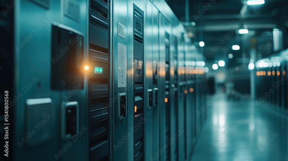 Naklejka premium A sleek and modern data center featuring illuminated server racks, representing the digital age and technological advancement in data management and storage solutions.
