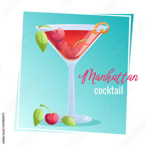 Manhattan cocktail in a glass, cherry, orange peel, on a blue background. The concept of a party, cocktail bar, summer. Isolated vector illustration for menu design, posters, banners, covers