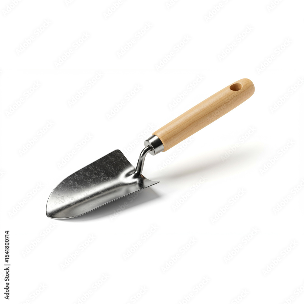 Fototapeta premium A polished, slightly textured, metal garden trowel with a light-brown wooden handle is shown against a plain white background.