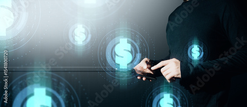 hand of businessman interactive touching a holographic of transaction financial network data system, concept of technology artificial intelligence with human user application
