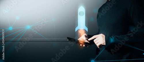 hand of businessman interactive touching a holographic of transaction financial network data system, concept of technology artificial intelligence with human user application