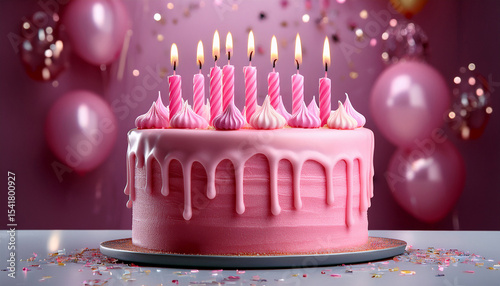 pink celebration birthday cake with candles and drip icing