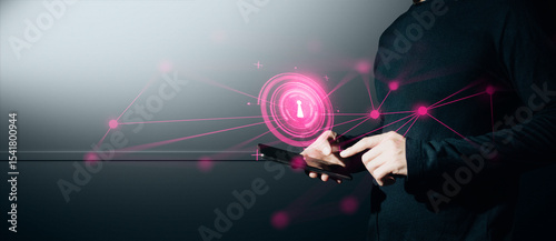 hand of businessman interactive touching a holographic of transaction financial network data system, concept of technology artificial intelligence with human user application