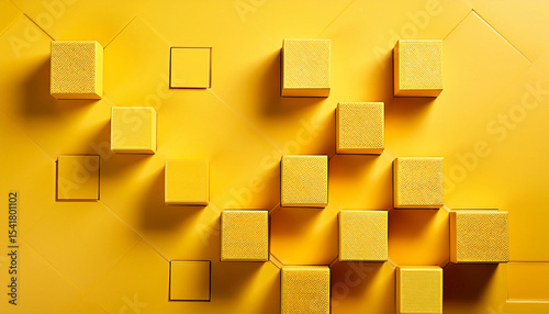 yellow background with geometric squares and rectangular blocks forming an abstract pattern representing digital technology or marketing concepts