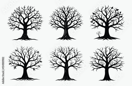 Bare tree silhouette, leafless tree drawing, spooky tree outline, hand drawn illustration
