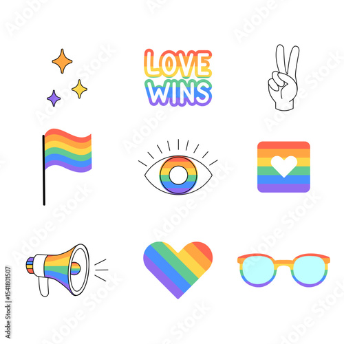 colorful set of LGBTQ pride icons including rainbow flags, hearts, slogans, peace symbols, and more. Perfect for stickers, social media posts, t-shirt designs, pride campaigns, and inclusive branding