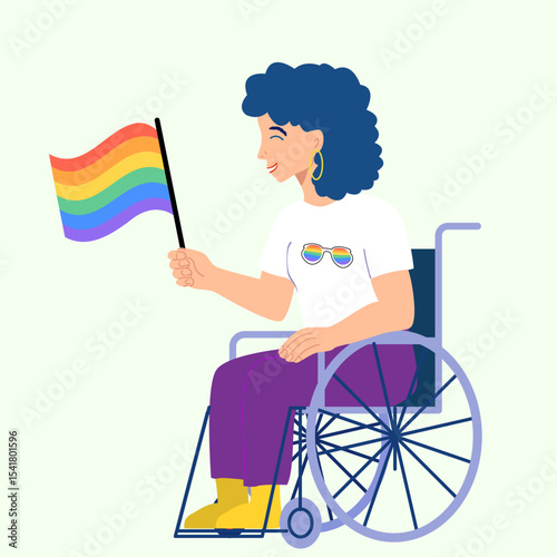 Vector illustration of a smiling LGBTQ woman in a wheelchair holding a rainbow pride flag. A vibrant and inclusive design representing disability pride, empowerment, and love during Pride Month. Ideal