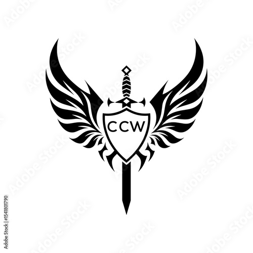 CCW Black and White Heraldic Emblem with Wings and Sword, CCW Later Logo, Guardian Angel Sword and Shield Tribal Vector, Winged Sword and Shield Logo Design with Tribal Style. 
