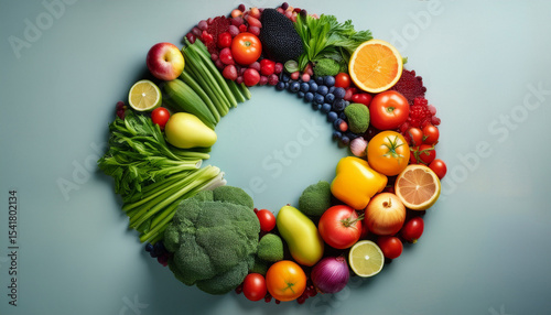 color circle made of vegetables and fruits