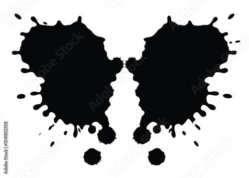 Symmetrical black ink blot with intricate patterns resembles abstract butterfly wings on a white background