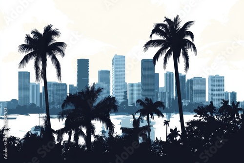 Miami Silhouette. Skyline District Panorama of Miami with Skyscrapers and Architecture
