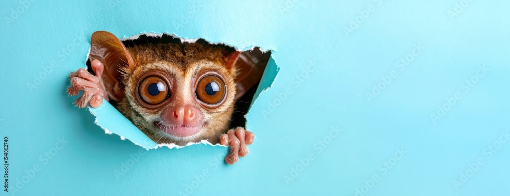 Obraz premium A tarsier peeks through a torn hole in a bright blue wall, representing breakthrough ideas, hidden knowledge, or curiosity unleashed