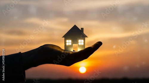 Silhouette of Hand Holding Paper House During Sunset with Orange Sky and Warm Light Housing Investment and Real Estate Dream Concept