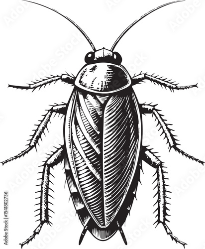 Australian Cockroach (Periplaneta australasiae), Types of Cockroaches, Vector Illustration, Sketch Drawing Line Linear Symbol Icon Engraving Coloring Book, Hand-drawn Black and White Isolated
