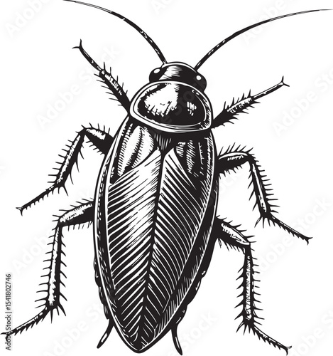 Australian Cockroach (Periplaneta australasiae), Types of Cockroaches, Vector Illustration, Sketch Drawing Line Linear Symbol Icon Engraving Coloring Book, Hand-drawn Black and White Isolated
