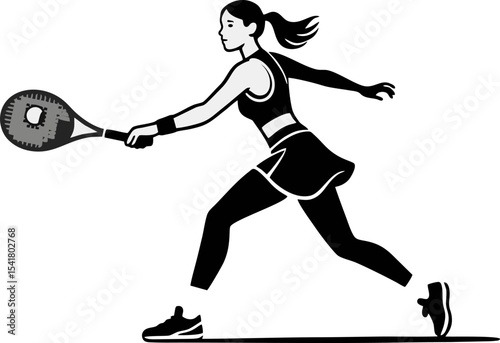 Silhouette of Young Female Tennis Player Swinging Racket to Hit the Ball  Vector Line Art