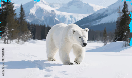 Majestic Polar Bear Walking Through a Snowy Arctic Landscape with Ice Mountains