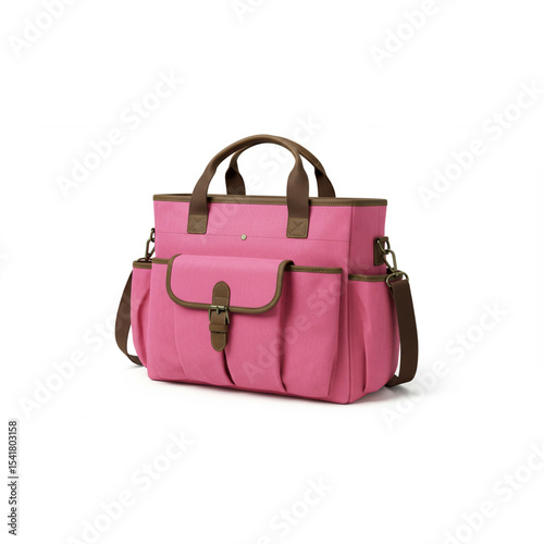A vibrant pink canvas tote bag with complementary brown leather accents.