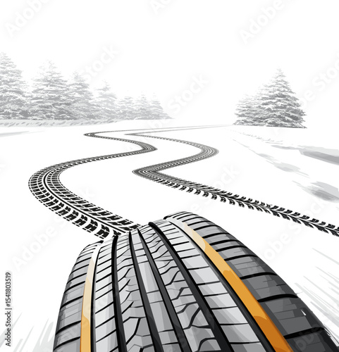 Vector Illustration of a tire and its tracks through a snowy winter landscape with pine trees