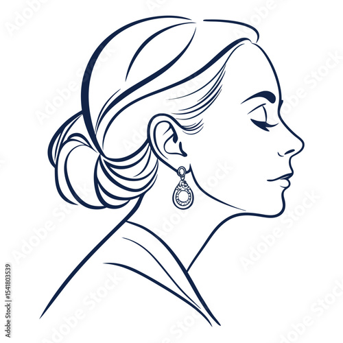 Minimalist side profile of a woman with earrings isolated on white background