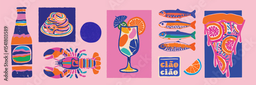 Summer mediterranean bright colourful absract food vector illustration