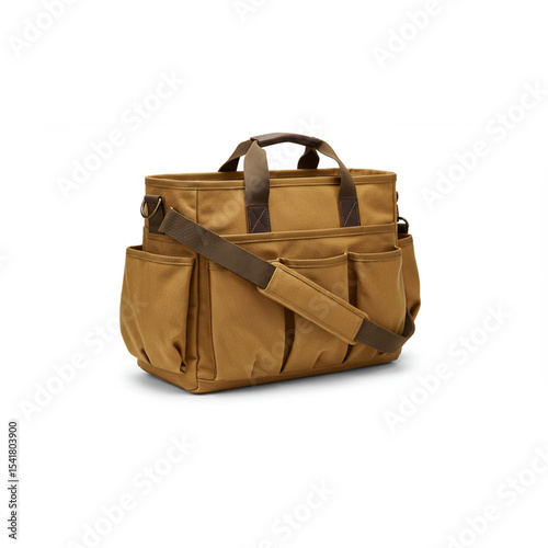 A full shot of a tan canvas tool bag, featuring multiple pockets and a shoulder strap.