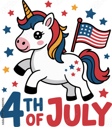 Smiling unicorn with heart cheeks and waving flag over star-studded background for July 4th celebration  