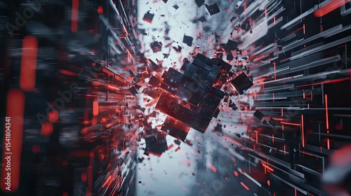 Abstract digital scene of fractured cubes.